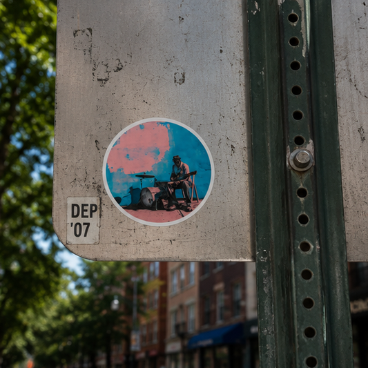 Vintage Street Musician Round Sticker Retro Blues Guitarist Vinyl Decal Teal Dusty Rose