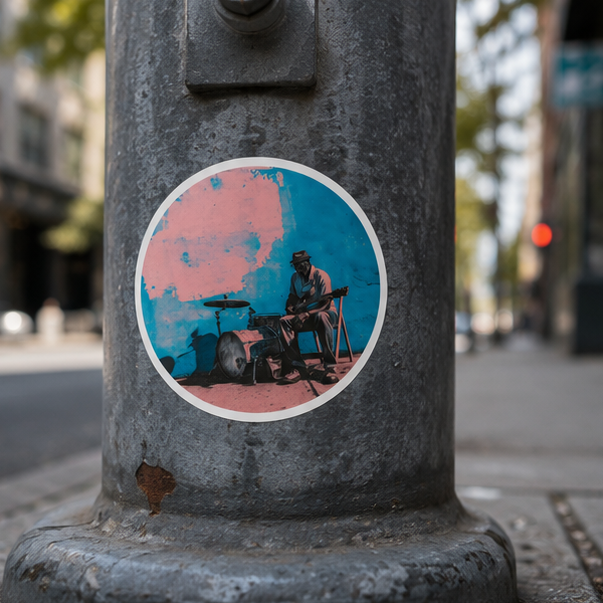 Vintage Street Musician Round Sticker Retro Blues Guitarist Vinyl Decal Teal Dusty Rose