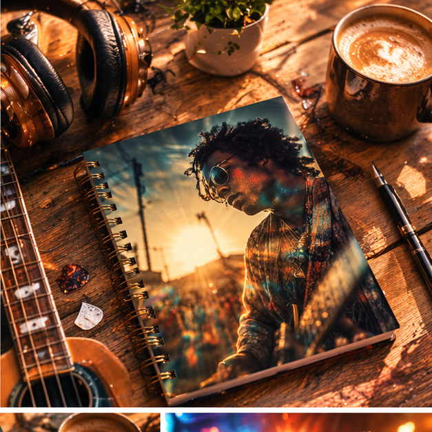 Musician Portrait Spiral Notebook 6x8 Vintage Sunset Guitar Journal For Songwriting And Journaling
