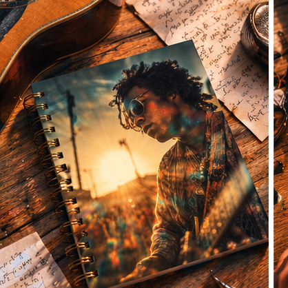 Musician Portrait Spiral Notebook 6x8 Vintage Sunset Guitar Journal For Songwriting And Journaling