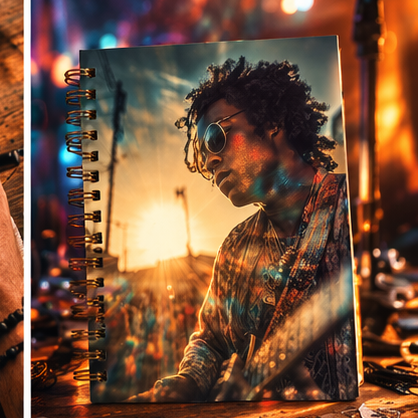 Musician Portrait Spiral Notebook 6x8 Vintage Sunset Guitar Journal For Songwriting And Journaling