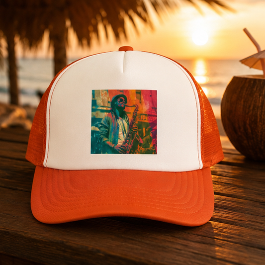 Retro Surfer Foam Trucker Hat With Colorful Vintage Beach Vibe And Sunlit Coral Teal Gold Print