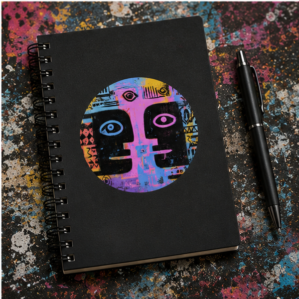Abstract Tribal Faces Round Vinyl Sticker Colorful Urban Art Decal For Laptops Water Bottles Journals Skateboards