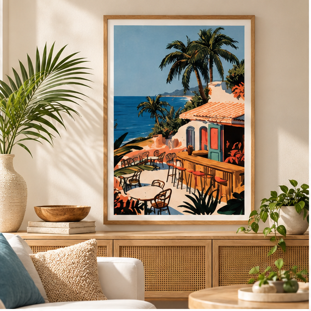 Tropical Beach Bar Poster — Vintage Palm Coast Matte Vertical Wall Art