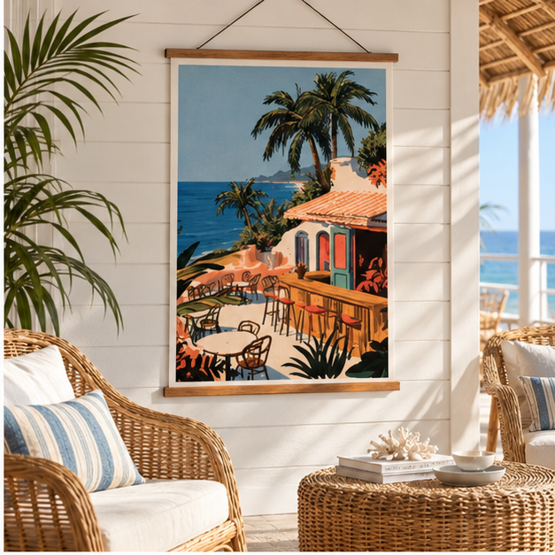 Tropical Beach Bar Poster — Vintage Palm Coast Matte Vertical Wall Art