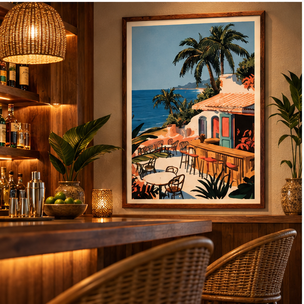 Tropical Beach Bar Poster — Vintage Palm Coast Matte Vertical Wall Art