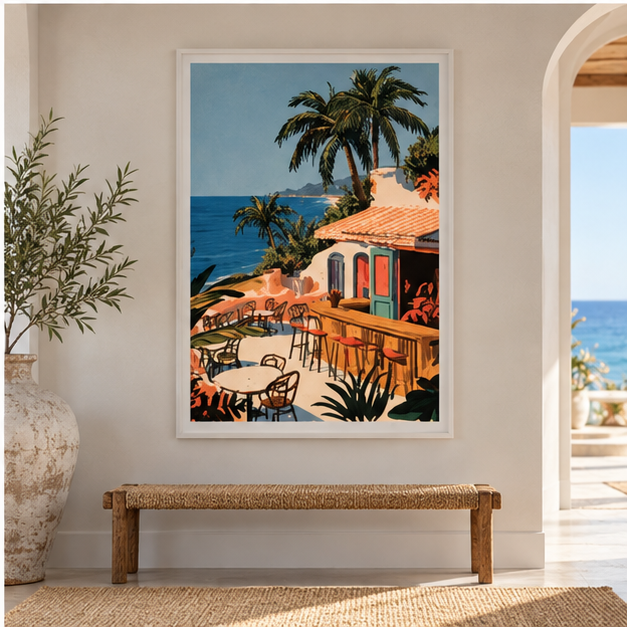 Tropical Beach Bar Poster — Vintage Palm Coast Matte Vertical Wall Art