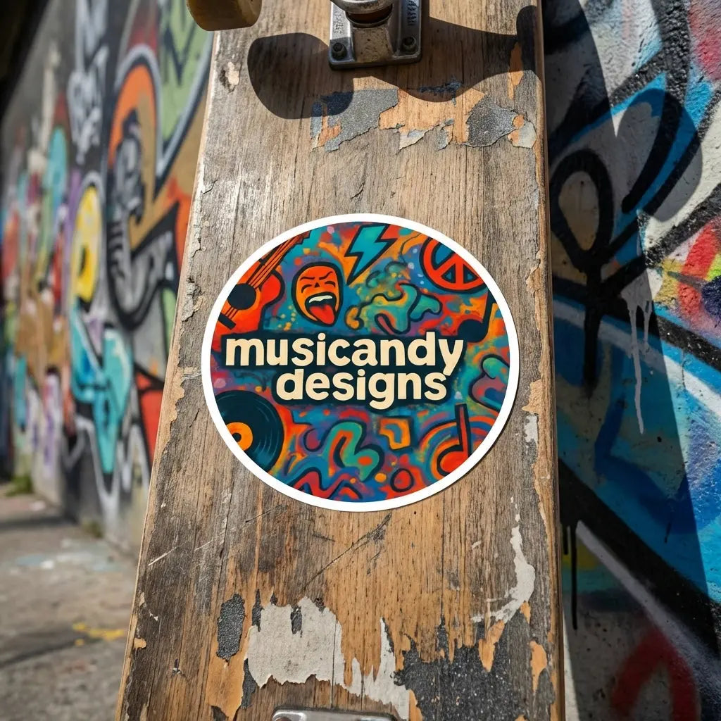 Full view of colorful round Music Andy sticker on skate deck amid urban graffiti outdoors, showcasing durability and vivid colors.