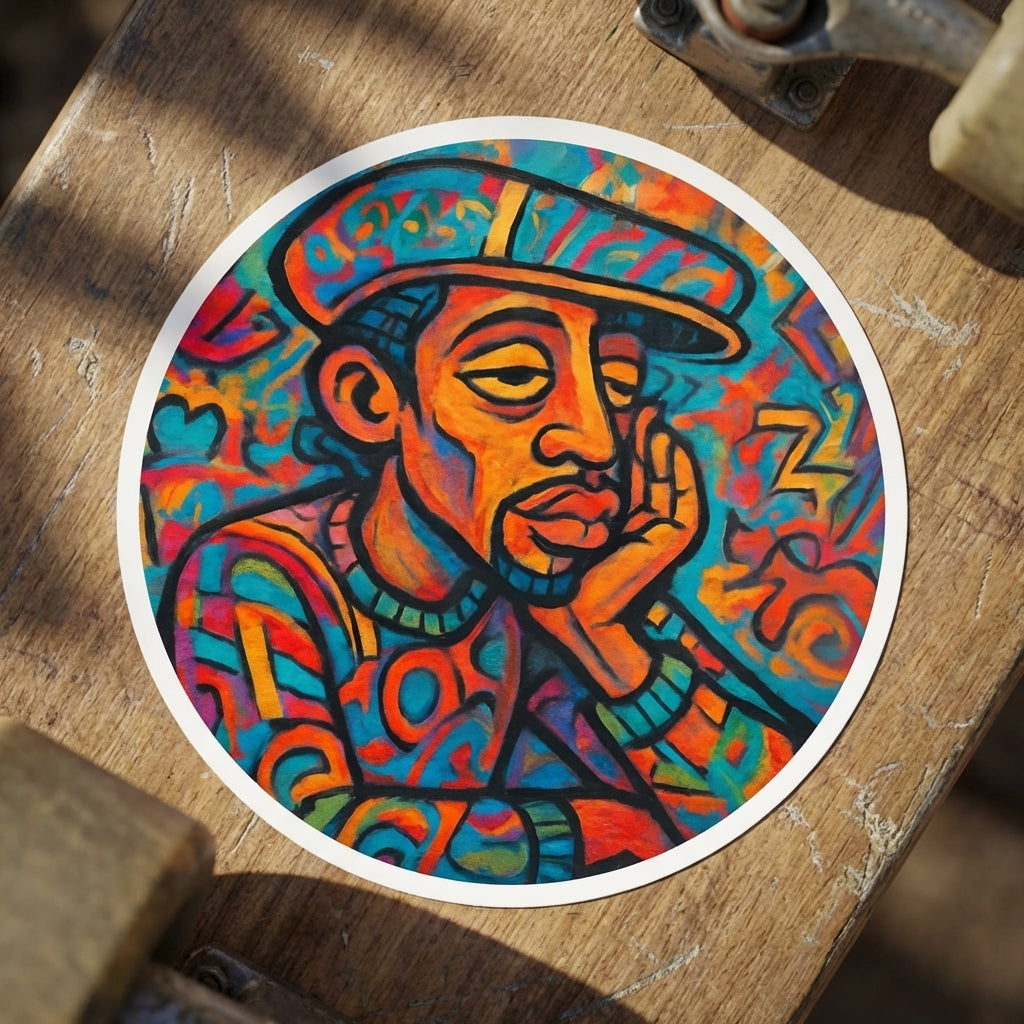 Close-up of the vibrant 'Rhythm Within' art sticker on a sleek surface, highlighting impressionistic colors and intricate micro-details.