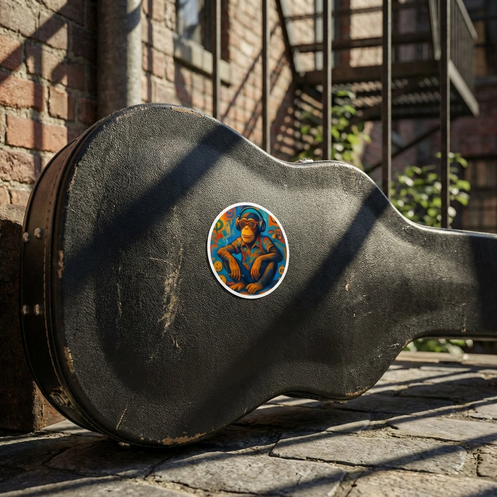 Dynamic scene of the tiny 'Cosmic Chill' chimp sticker on a guitar case in an urban street setting with natural sunlight.