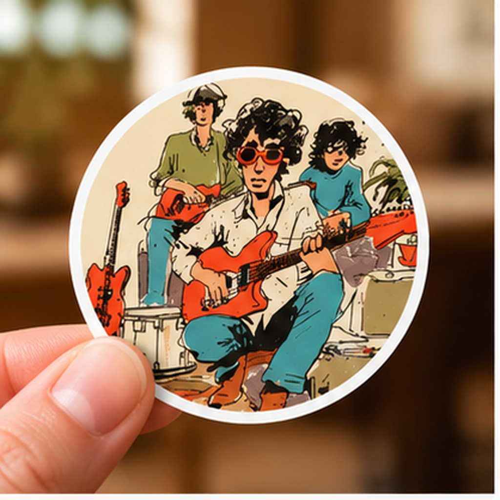 Vintage Band Sticker, Retro Indie Rock Sticker, Guitar Player Decal, Musician Gift, Round Music Sticker, Garage Band Art, Guitarist Gift