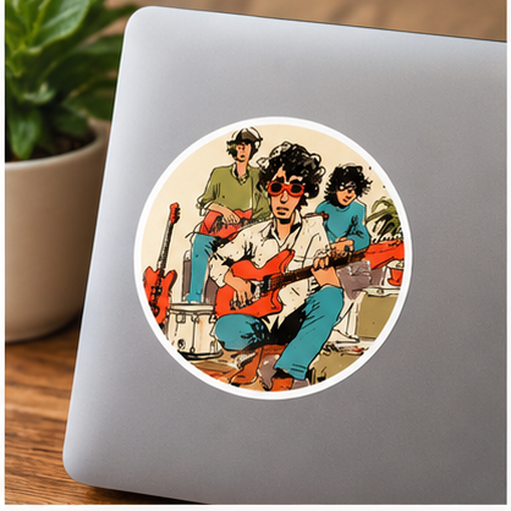 Vintage Band Sticker, Retro Indie Rock Sticker, Guitar Player Decal, Musician Gift, Round Music Sticker, Garage Band Art, Guitarist Gift