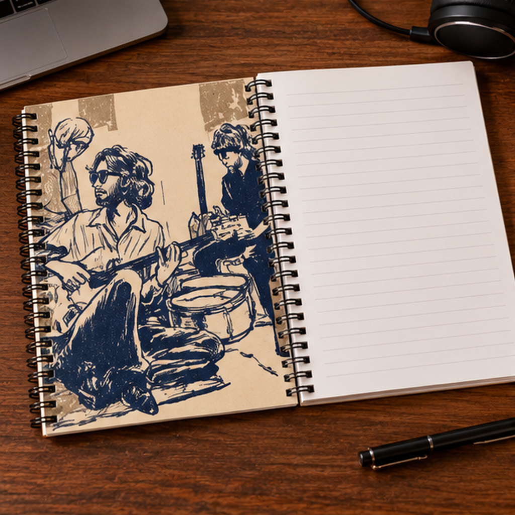 Vintage Band Sketch Spiral Notebook, Retro Music Journal, Guitar Player Notebook, Musician Gift, Indie Band Art Journal, Songwriting Notebook