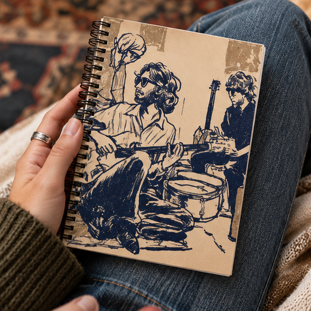 Vintage Band Sketch Spiral Notebook, Retro Music Journal, Guitar Player Notebook, Musician Gift, Indie Band Art Journal, Songwriting Notebook