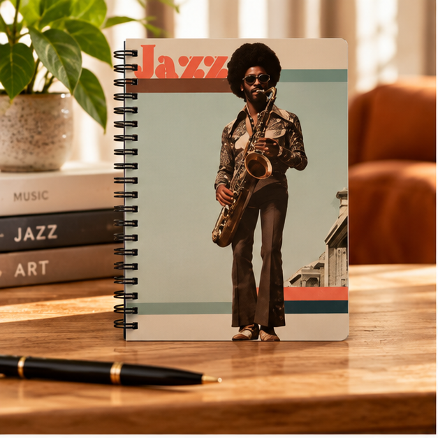 Vintage Jazz Saxophonist Spiral Notebook — Retro Music Notebook, 'Jazz' Cover for Musicians & Music Lovers