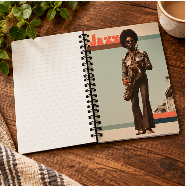 Vintage Jazz Saxophonist Spiral Notebook — Retro Music Notebook, 'Jazz' Cover for Musicians & Music Lovers