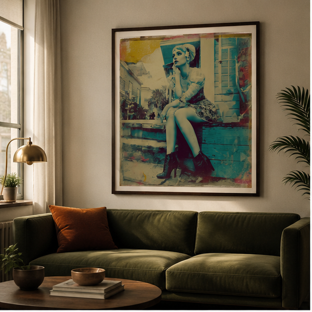 Vintage Polaroid Poster Retro Femme Sitting Photo Matte Vertical Print Cinematic Wall Art Home Decor Museum Grade