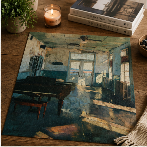 Vintage Sunlit Room Jigsaw Puzzle With Piano And Afternoon Shadows Available In 110 252 520 And 1014 Pieces