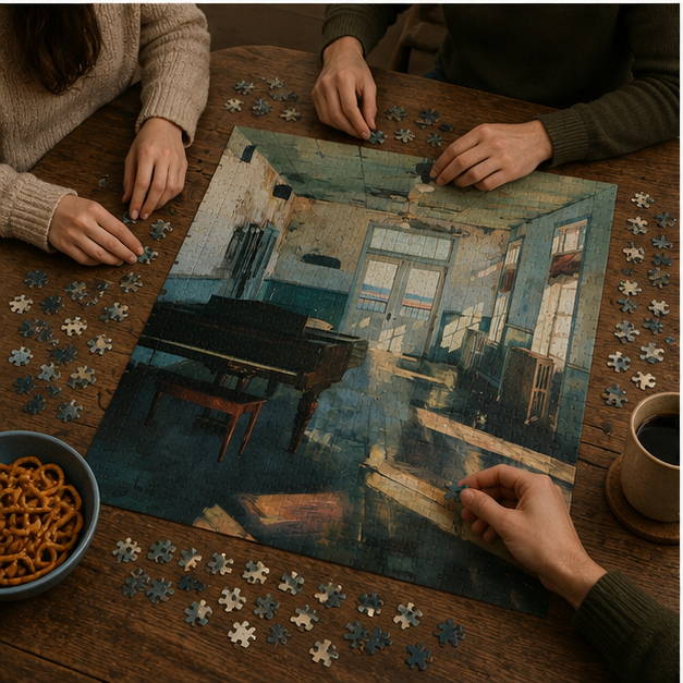 Vintage Sunlit Room Jigsaw Puzzle With Piano And Afternoon Shadows Available In 110 252 520 And 1014 Pieces