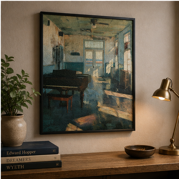 Vintage Sunlit Room Jigsaw Puzzle With Piano And Afternoon Shadows Available In 110 252 520 And 1014 Pieces