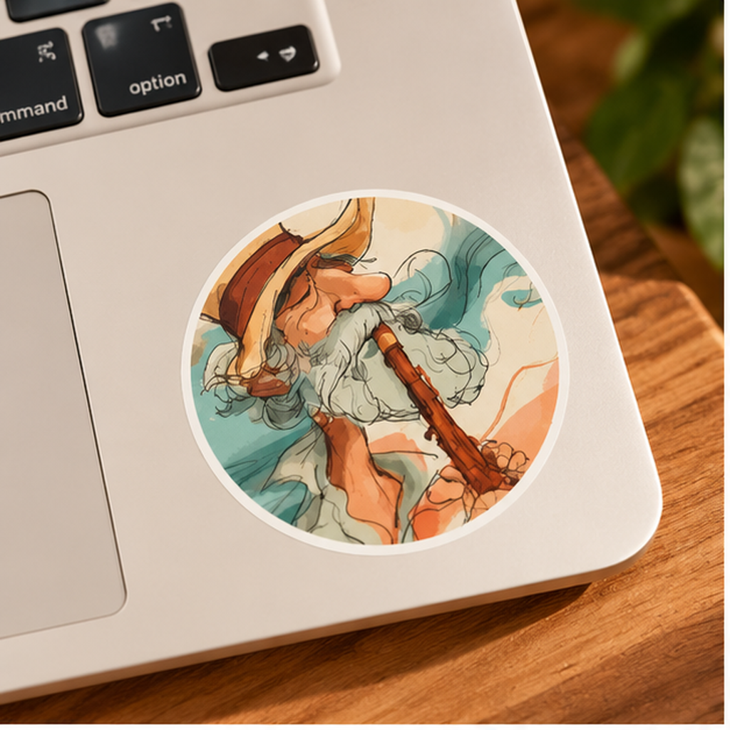 Vintage Wizard Flute Player Sticker – Retro Watercolor Music Art, Whimsical Fantasy Round Vinyl Decal, Boho Musician Gift