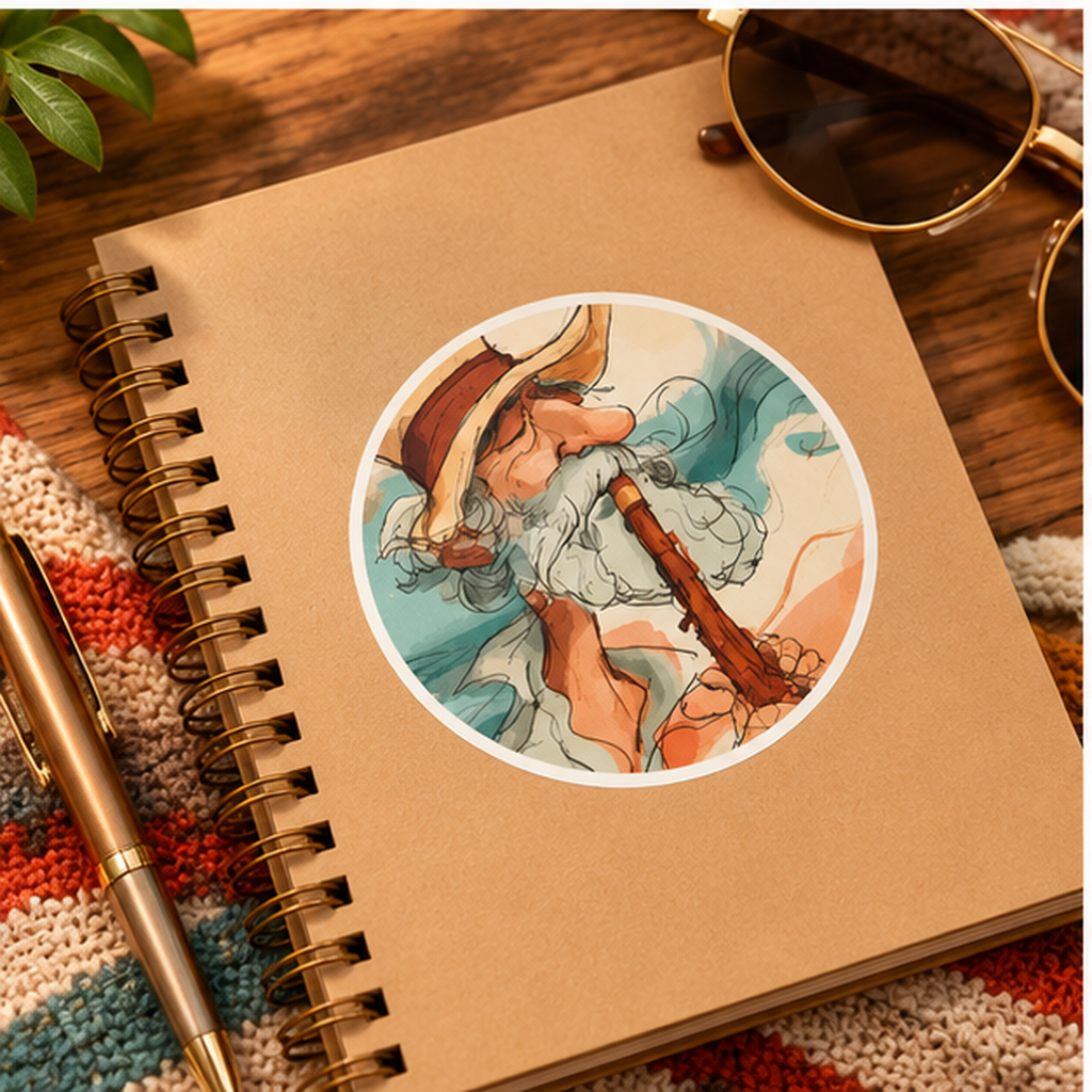 Vintage Wizard Flute Player Sticker – Retro Watercolor Music Art, Whimsical Fantasy Round Vinyl Decal, Boho Musician Gift
