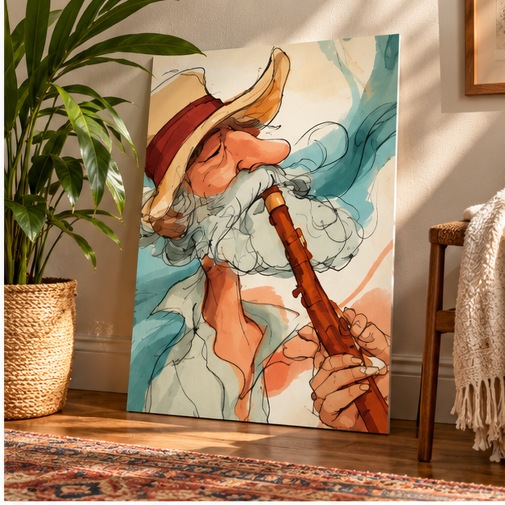 Whimsical Santa Flute Player Poster – Vintage Watercolor Music Art, Retro Fantasy Wall Decor, Boho Musician Print, Matte Vertical Poster