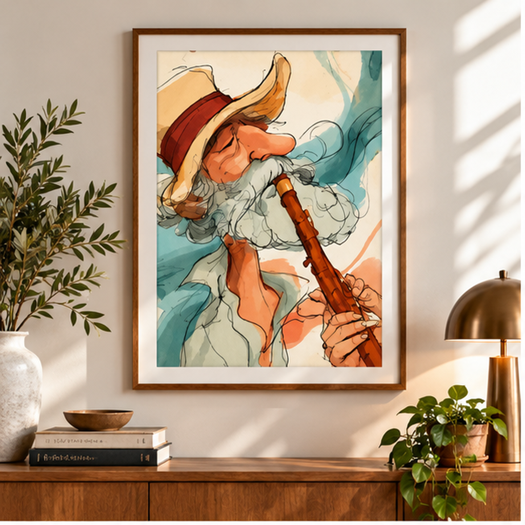 Whimsical Santa Flute Player Poster – Vintage Watercolor Music Art, Retro Fantasy Wall Decor, Boho Musician Print, Matte Vertical Poster