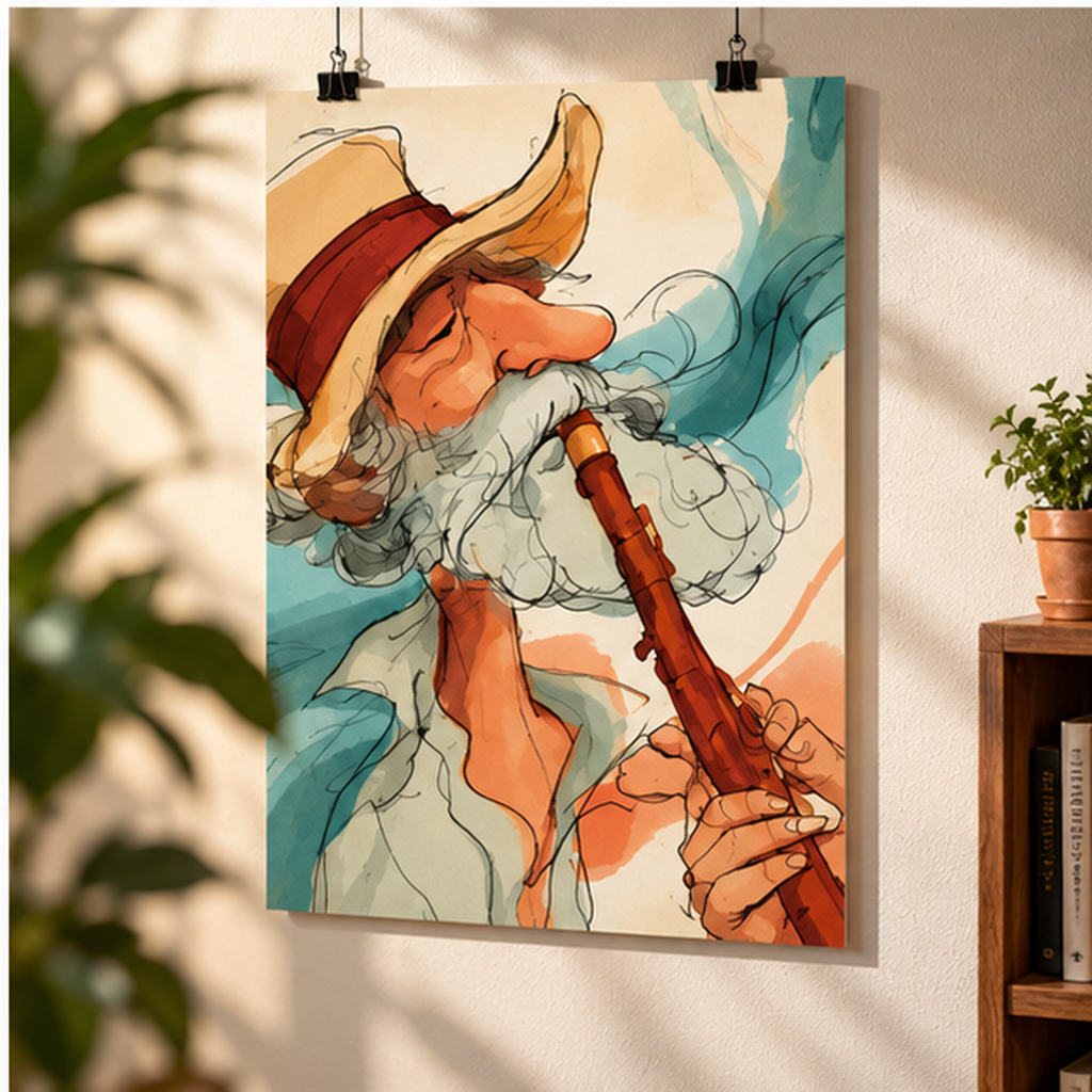 Whimsical Santa Flute Player Poster – Vintage Watercolor Music Art, Retro Fantasy Wall Decor, Boho Musician Print, Matte Vertical Poster