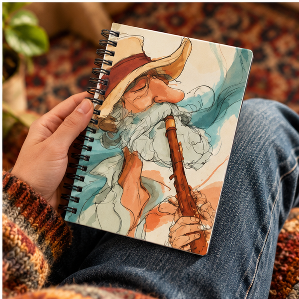 Wizard Playing Flute Spiral Notebook – Vintage Watercolor Fantasy Art, Ruled Journal for Musicians, Whimsical Writing Notebook, Retro Gift