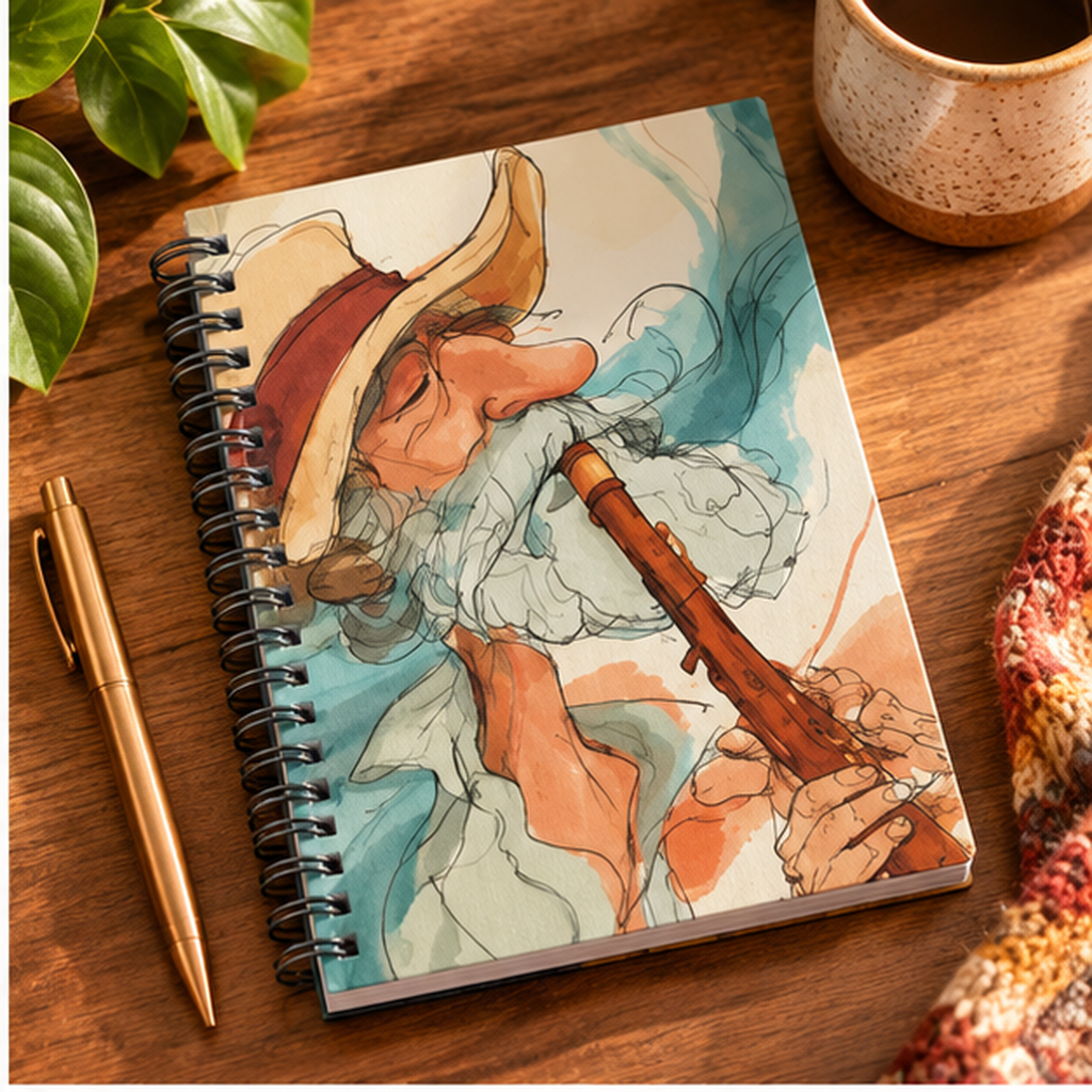 Wizard Playing Flute Spiral Notebook – Vintage Watercolor Fantasy Art, Ruled Journal for Musicians, Whimsical Writing Notebook, Retro Gift