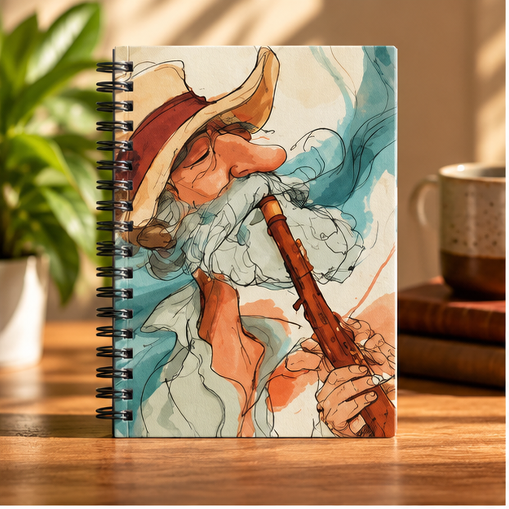 Wizard Playing Flute Spiral Notebook – Vintage Watercolor Fantasy Art, Ruled Journal for Musicians, Whimsical Writing Notebook, Retro Gift
