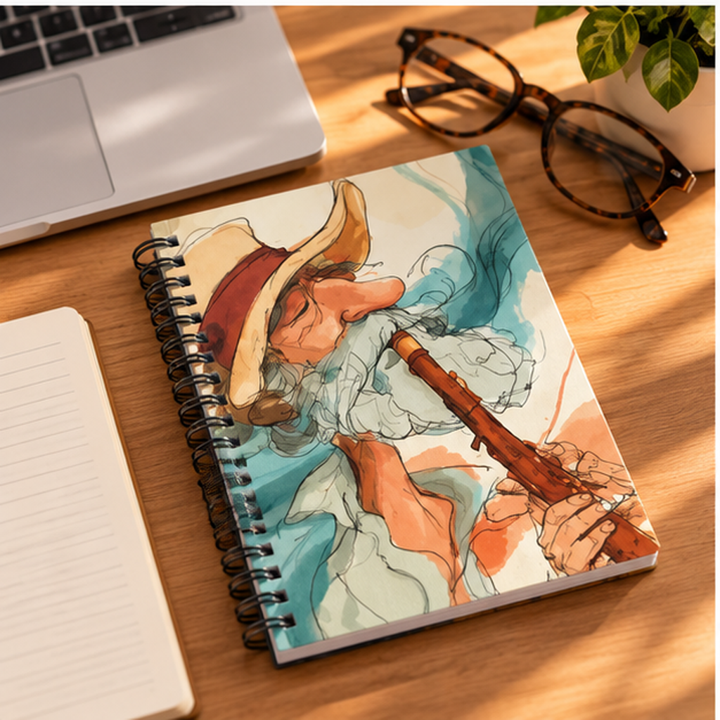 Wizard Playing Flute Spiral Notebook – Vintage Watercolor Fantasy Art, Ruled Journal for Musicians, Whimsical Writing Notebook, Retro Gift
